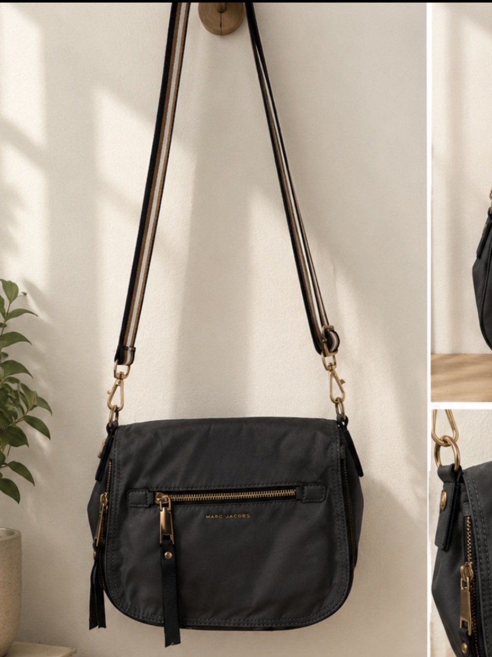Marc Jacobs Black Crossbody Bag with Striped Adjustable Strap